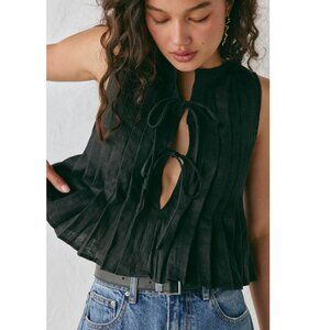 NEW VRG GRL Valeria Linen Top Black  AU 10 US 6 Pleated Front Ties Sleeveless